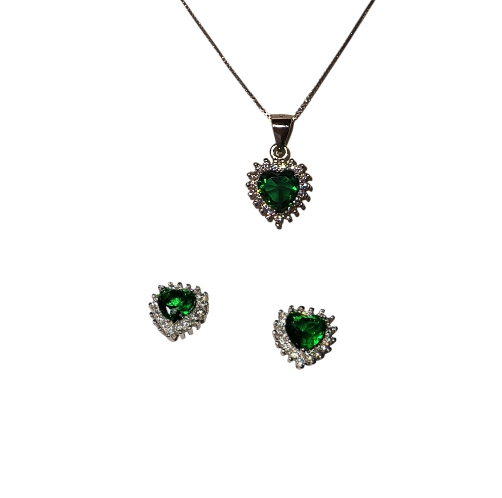 Sterling Silver And Green CZ Halo Earrings And Pendant Necklace Jewelry Set